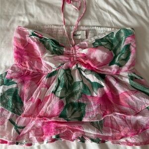 Hollister Pink and Green Smocked Halter Top